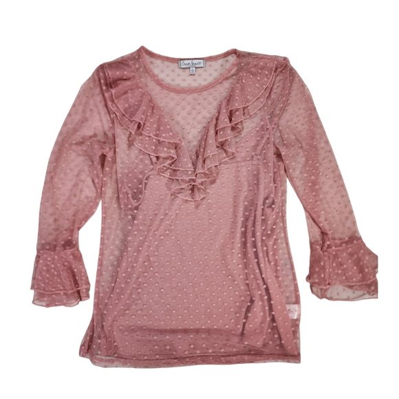 Crave Fame by Almost Famous Sheer Ruffle Neck Blouse w/ Liner Sz L Pink Boho - Picture 1 of 6